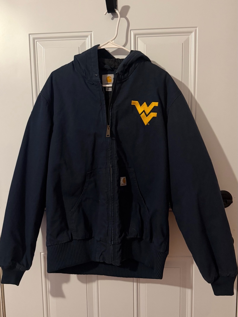 Carhartt Men’s Navy Hooded Puffer Jacket with Yellow WV Patch